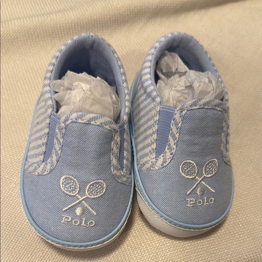 Polo by Ralph Lauren Light Blue Canvas Slip-On Baby Shoes with Tennis Embroidery
